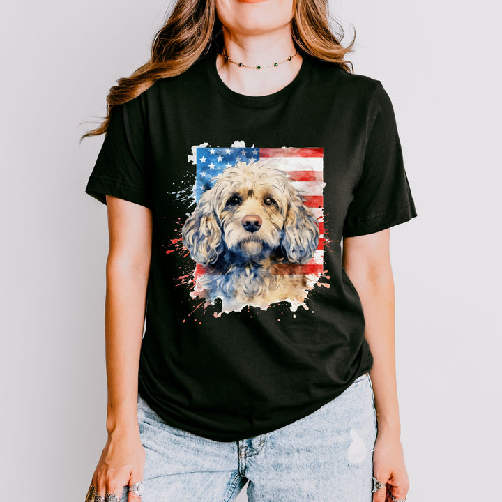 Fawn Cockapoo with American Flag Tee | Patriotic Dog Shirt - Embellish by Jackie - Handmade Greeting Cards
