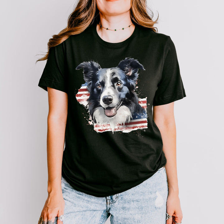 Border Collie with Distressed American Flag T-Shirt | Patriotic Dog Tee - Embellish by Jackie - Handmade Greeting Cards