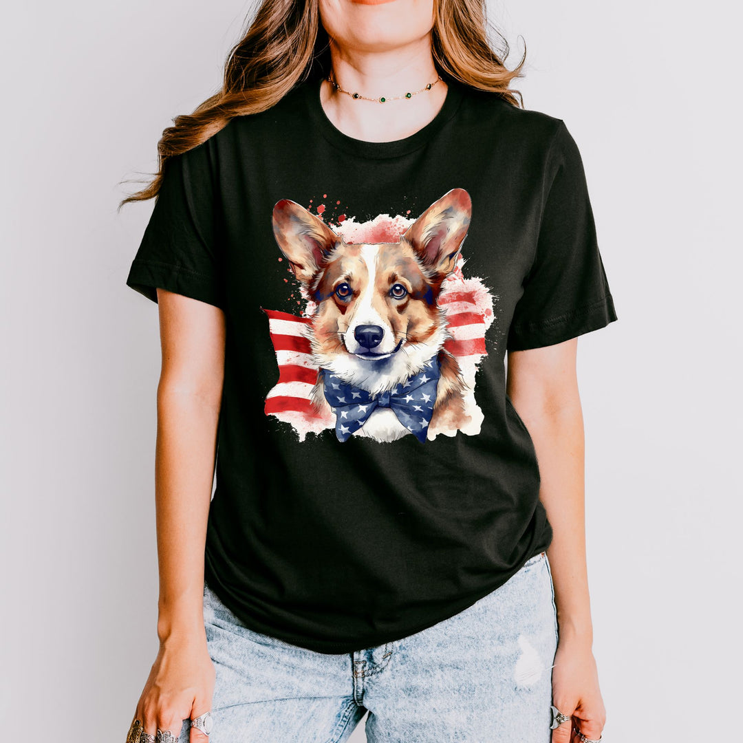 Pembroke Welsh Corgi with American Flag Stars Bowtie T-Shirt | Patriotic Corgi Tee - Embellish by Jackie - Handmade Greeting Cards