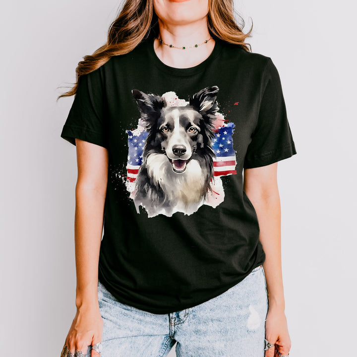 Border Collie Wearing American Flag Shirt T-Shirt | Patriotic Dog Tee - Embellish by Jackie - Handmade Greeting Cards