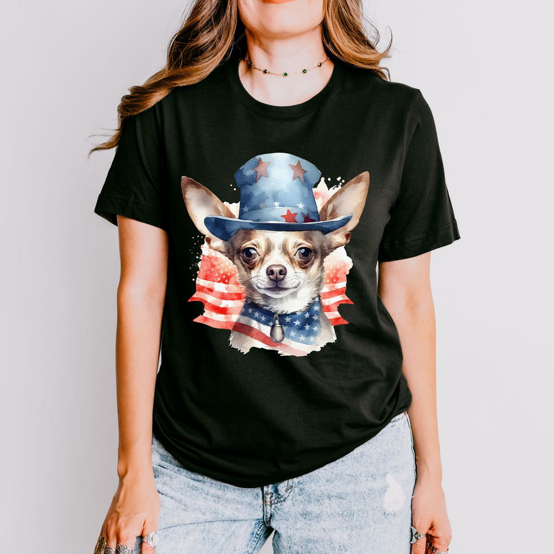 Patriotic Smooth Coat Chihuahua with American Flag Top Hat T-Shirt | Fourth of July Tee - Embellish by Jackie - Handmade Greeting Cards