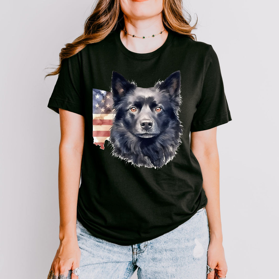 Black Schipperke Dog with Aged American Flag T-Shirt | Patriotic Dog Tee - Embellish by Jackie - Handmade Greeting Cards