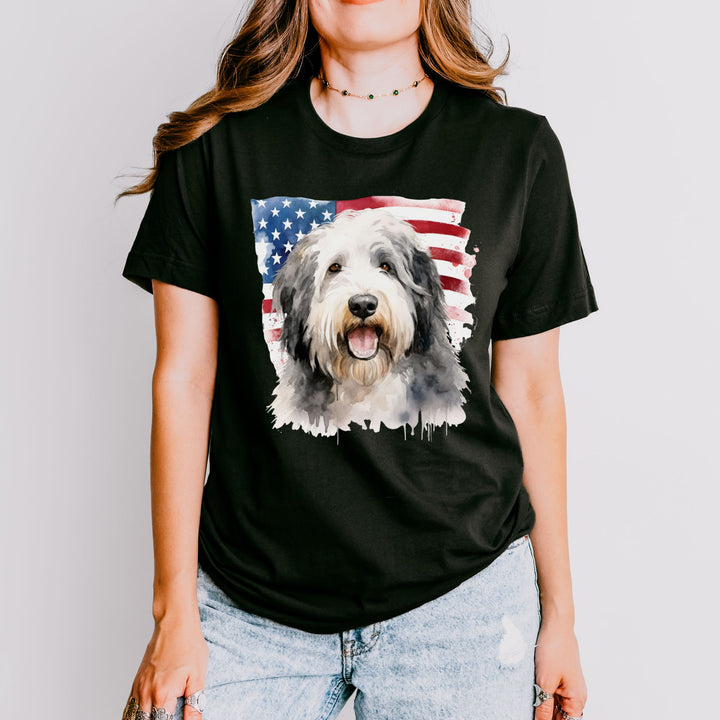Old English Sheepdog American Flag T-Shirt | Dog Portrait Tee