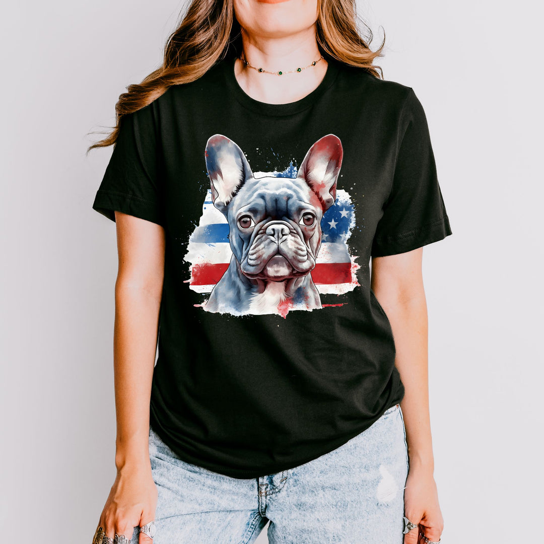 Patriotic French Bulldog T-Shirt | Dark Bulldog with Red White and Blue Design - Embellish by Jackie - Handmade Greeting Cards