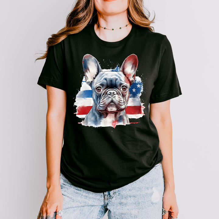 Patriotic French Bulldog T-Shirt | Dark Bulldog with Red White and Blue Design - Embellish by Jackie - Handmade Greeting Cards