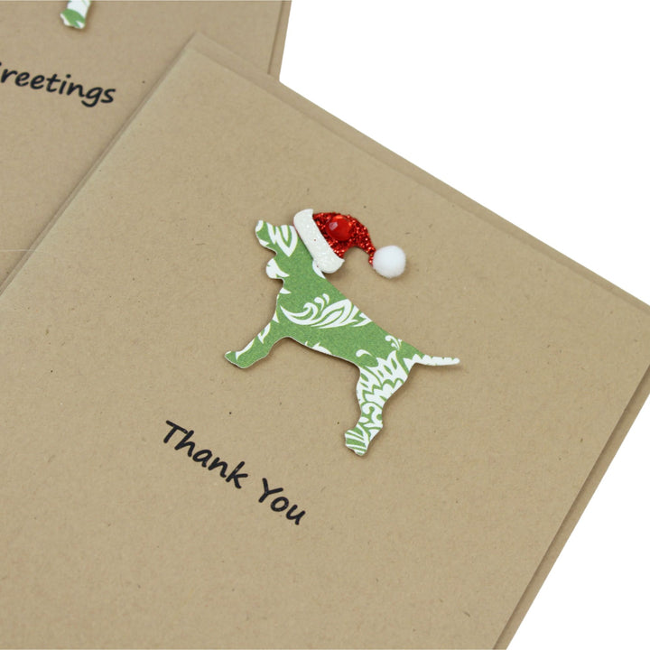 Dog Christmas Cards Single Green Damask Generic Dog with Santa Hat