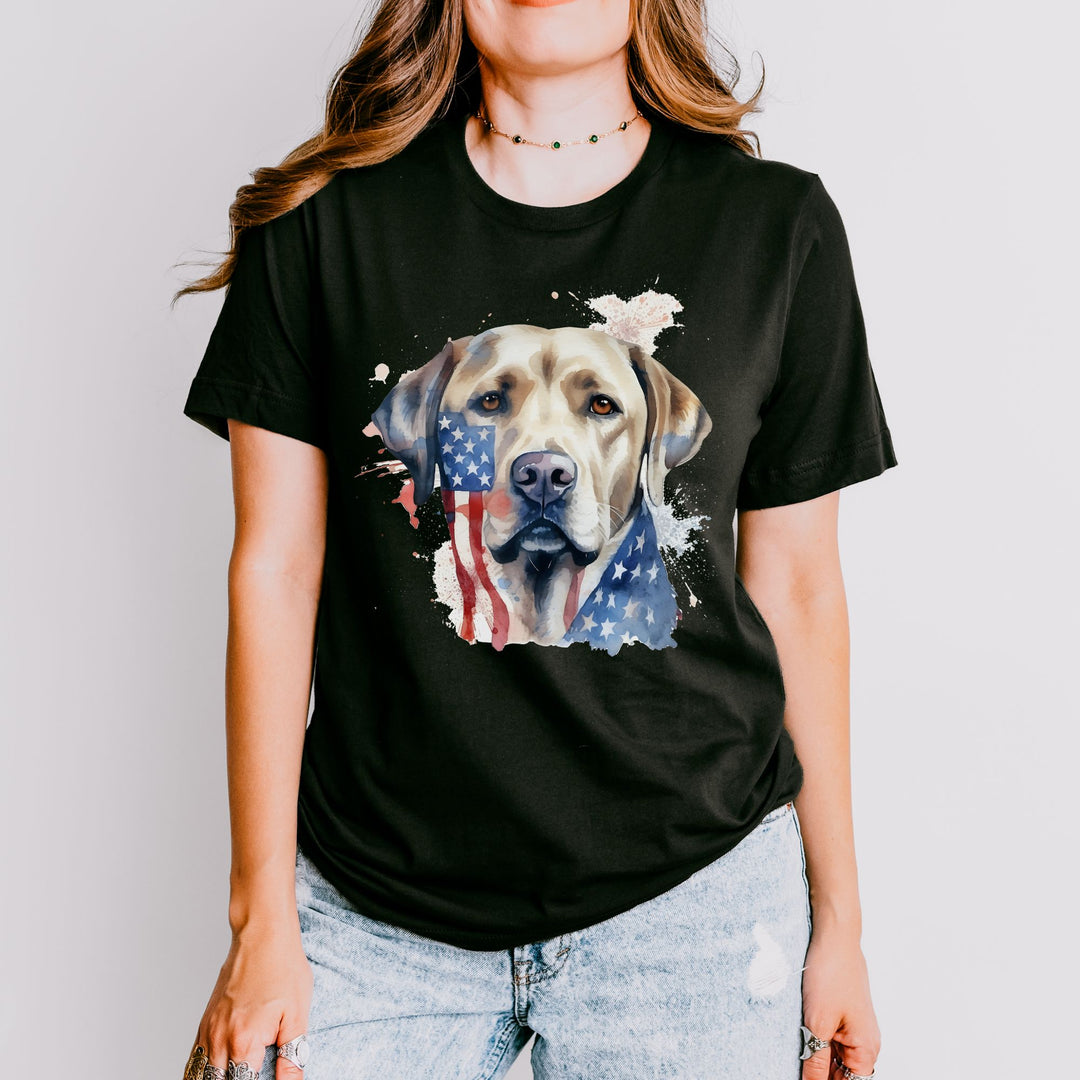 Yellow Labrador Retriever Wearing American Flag Tee T-Shirt | Dog Lover Tee - Embellish by Jackie - Handmade Greeting Cards