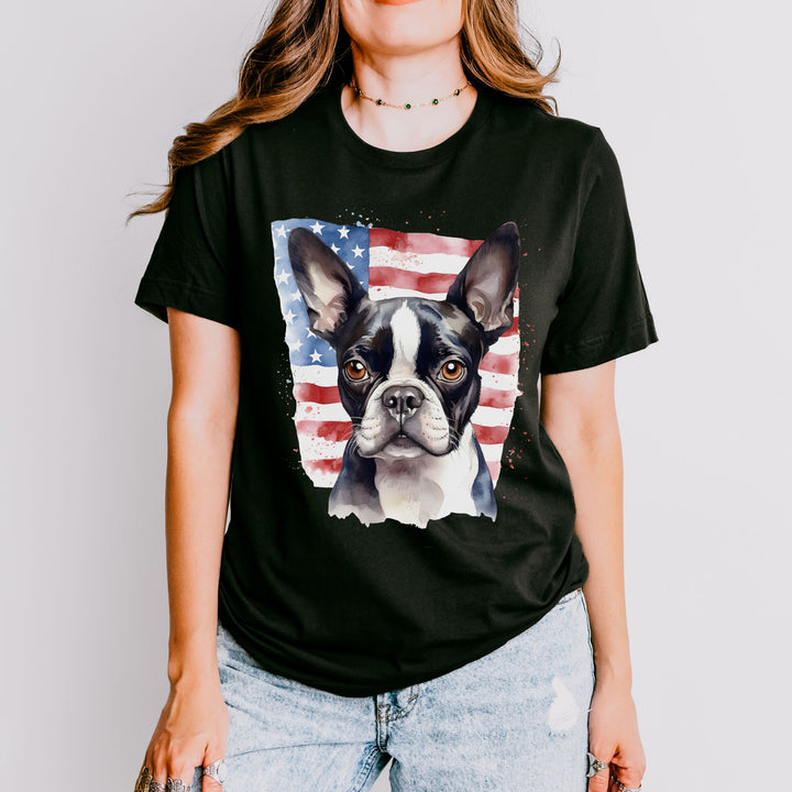 Boston Terrier with American Flag T-Shirt | Patriotic Dog Tee - Embellish by Jackie - Handmade Greeting Cards