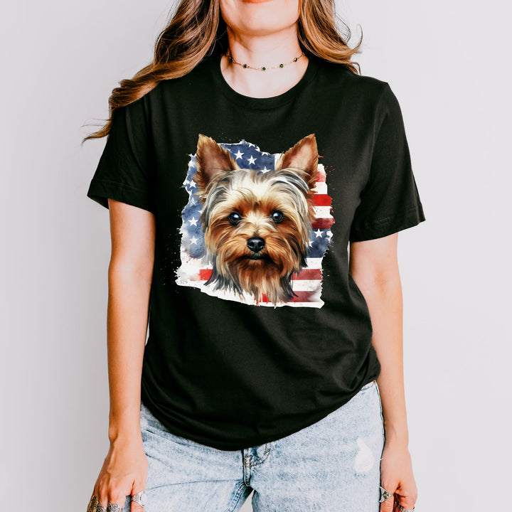Yorkshire Terrier with American Flag T-Shirt | Patriotic Yorkie Tee - Embellish by Jackie - Handmade Greeting Cards