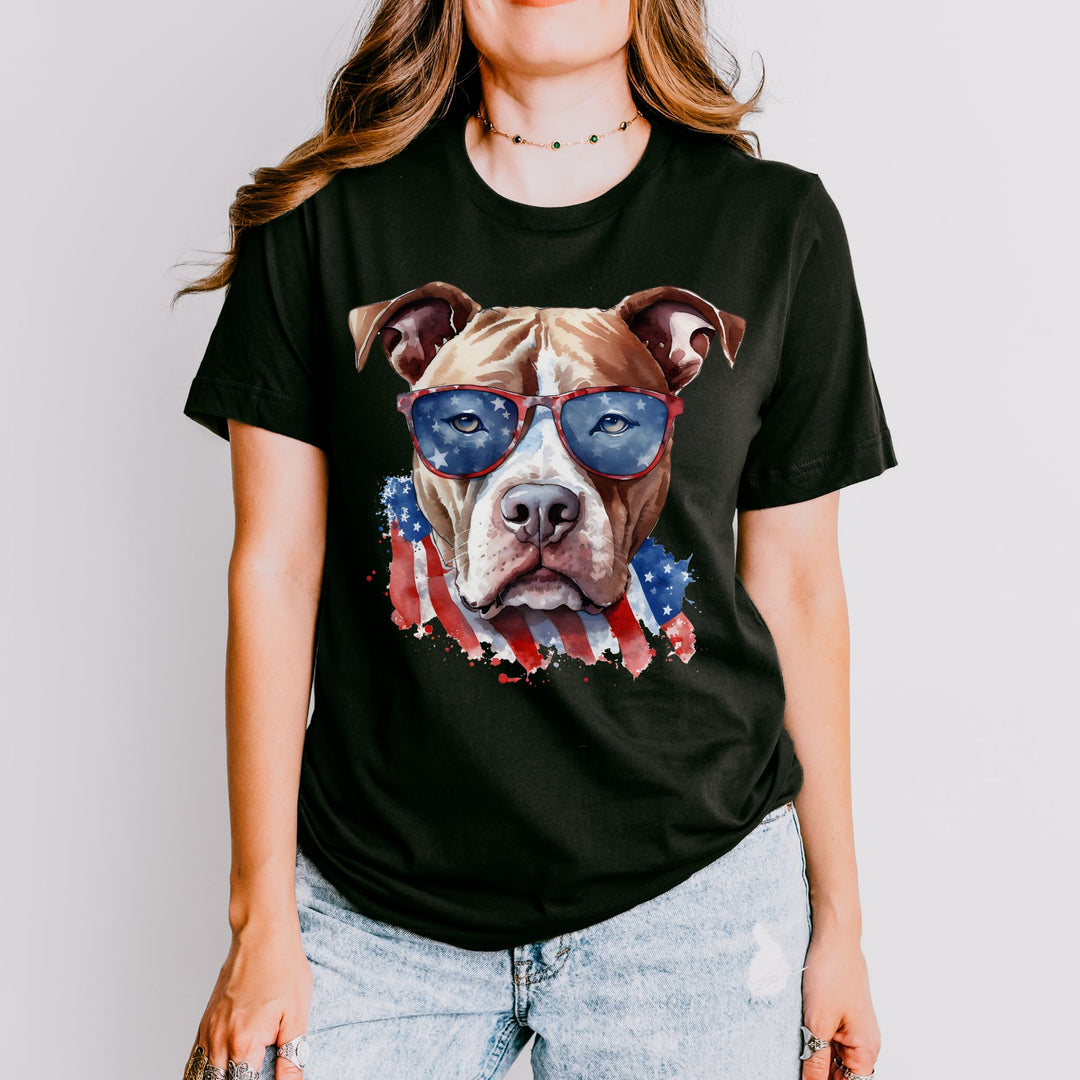 American Pit Bull Terrier with Flag Sunglasses T-Shirt | Patriotic Dog Tee - Embellish by Jackie - Handmade Greeting Cards