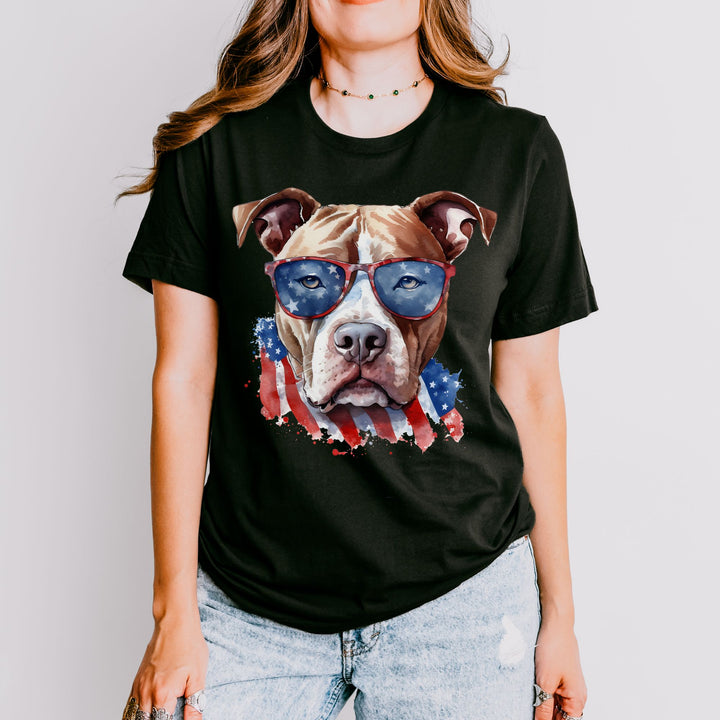 American Pit Bull Terrier with Flag Sunglasses T-Shirt | Patriotic Dog Tee - Embellish by Jackie - Handmade Greeting Cards