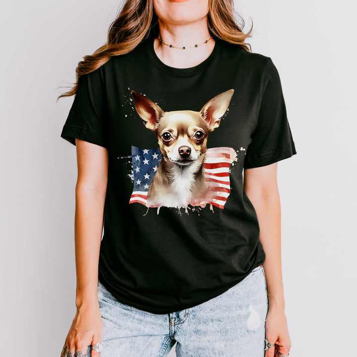 Patriotic Smooth Coat Chihuahua with 4th of July Flag T-Shirt | Brown Dog Tee - Embellish by Jackie - Handmade Greeting Cards