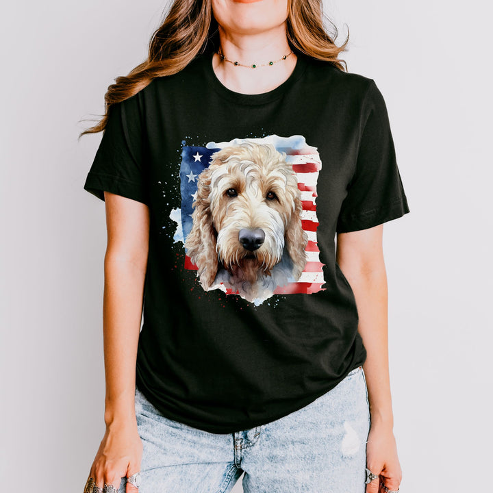 Golden Doodle with American Flag Tee | Dog USA Flag Shirt - Embellish by Jackie - Handmade Greeting Cards
