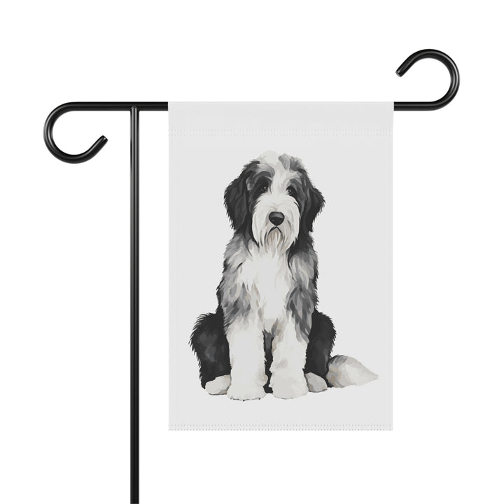 Sitting Sheepie Black and White Sheepadoodle - Garden Banner Flag - Cute Watercolor Dog themed - Old English Sheepdog