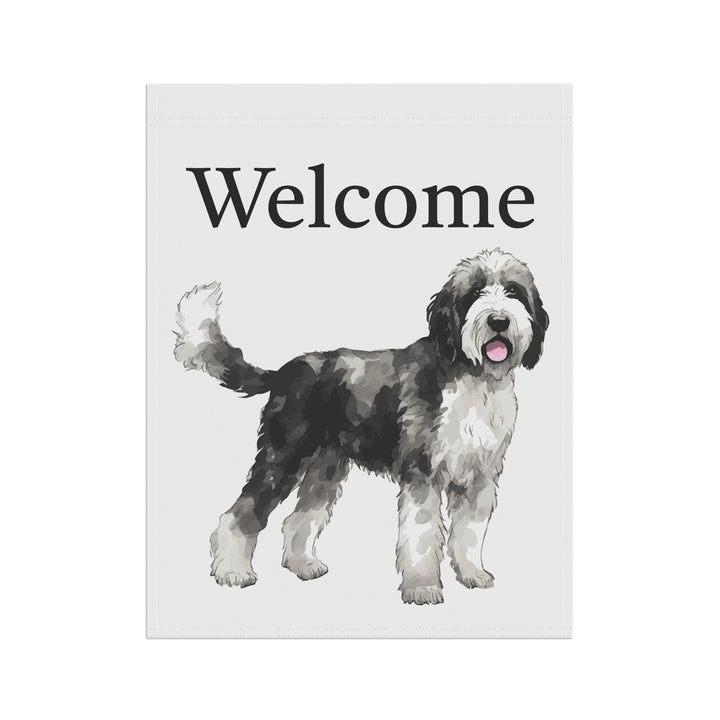Sheepadoodle Black and White - Welcome - House Banner Flag - Decor For Dog Lovers - Sheepie