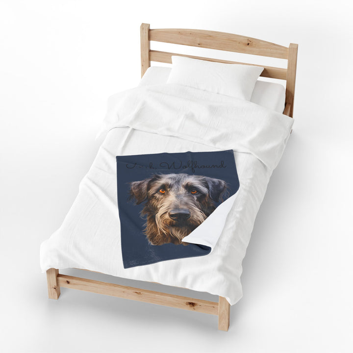 Irish Wolfhound Portrait Velveteen Plush Blanket | Gray Blue Background