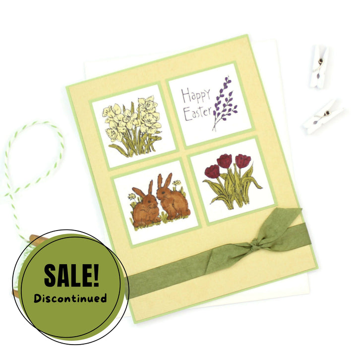Easter Greeting Card - Happy Easter - Handmade Easter Card with Bunnies Flowers Tied with Ribbon - Embellish by Jackie - Handmade Greeting Cards