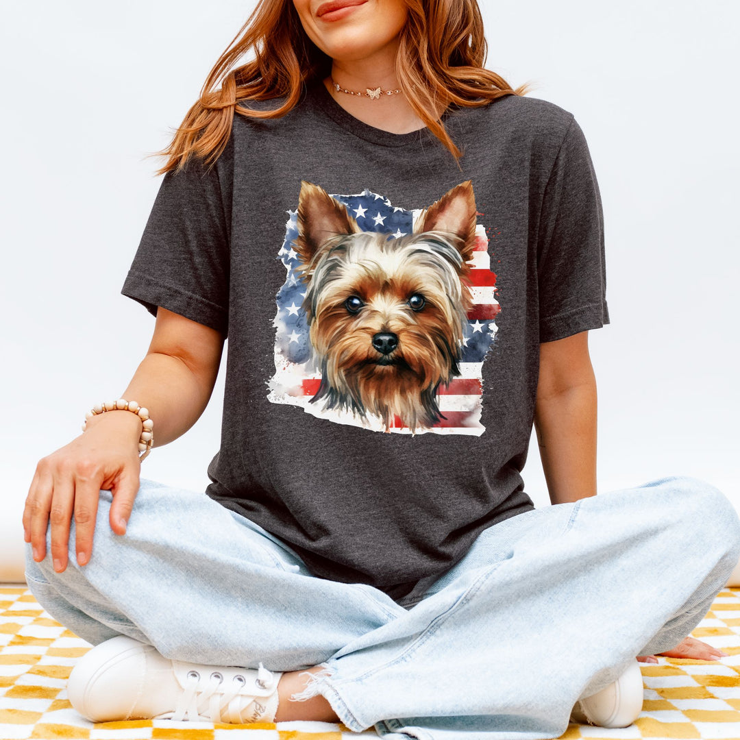 Yorkshire Terrier with American Flag T-Shirt | Patriotic Yorkie Tee - Embellish by Jackie - Handmade Greeting Cards