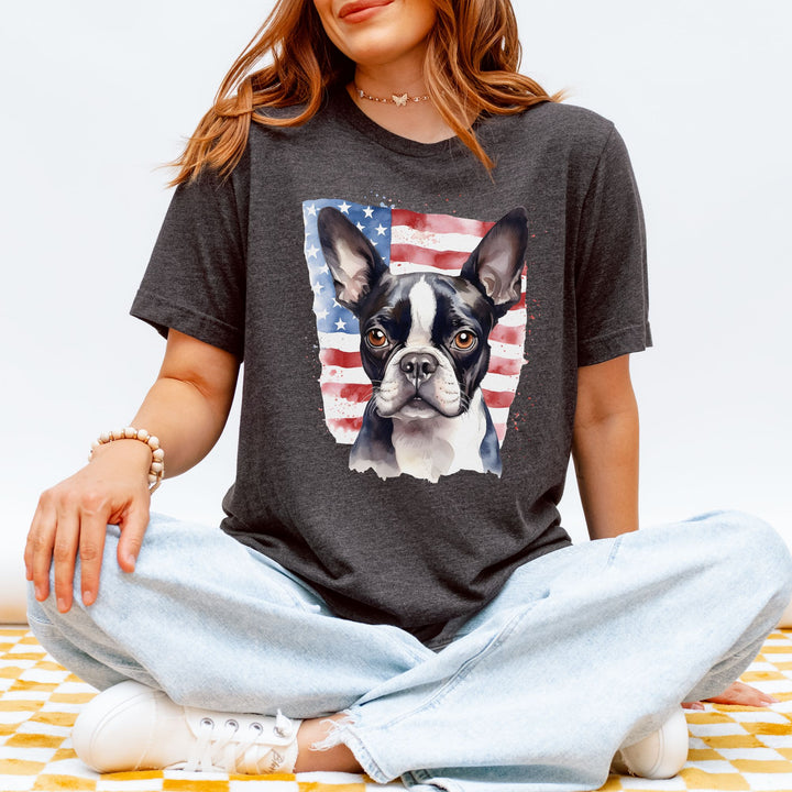 Boston Terrier with American Flag T-Shirt | Patriotic Dog Tee - Embellish by Jackie - Handmade Greeting Cards