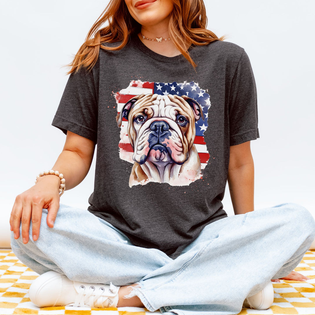 English Bulldog over American Flag Tee | Patriotic Dog Shirt - Embellish by Jackie - Handmade Greeting Cards