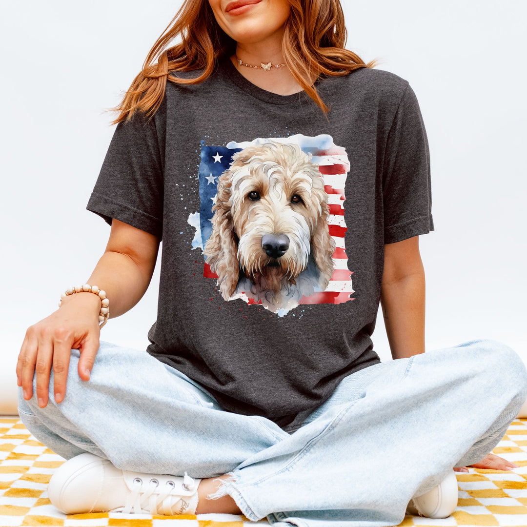 Golden Doodle with American Flag Tee | Dog USA Flag Shirt - Embellish by Jackie - Handmade Greeting Cards