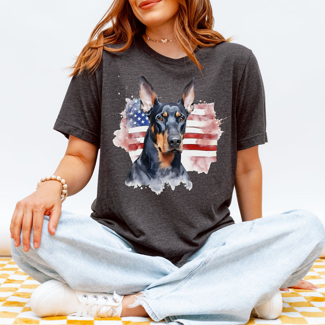 Doberman Pinscher American Flag 4th of July T-Shirt | Patriotic Dog Tee