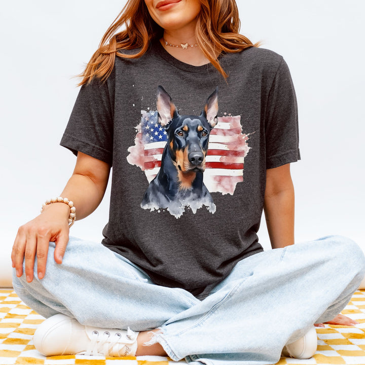 Doberman Pinscher American Flag 4th of July T-Shirt | Patriotic Dog Tee