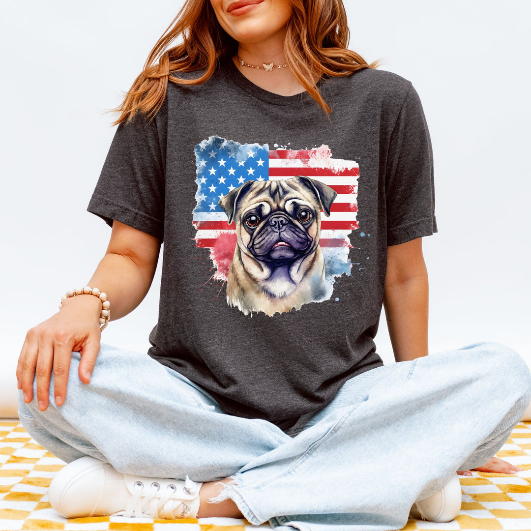 Pug Watercolor American Flag T-Shirt | Patriotic Pug Tee