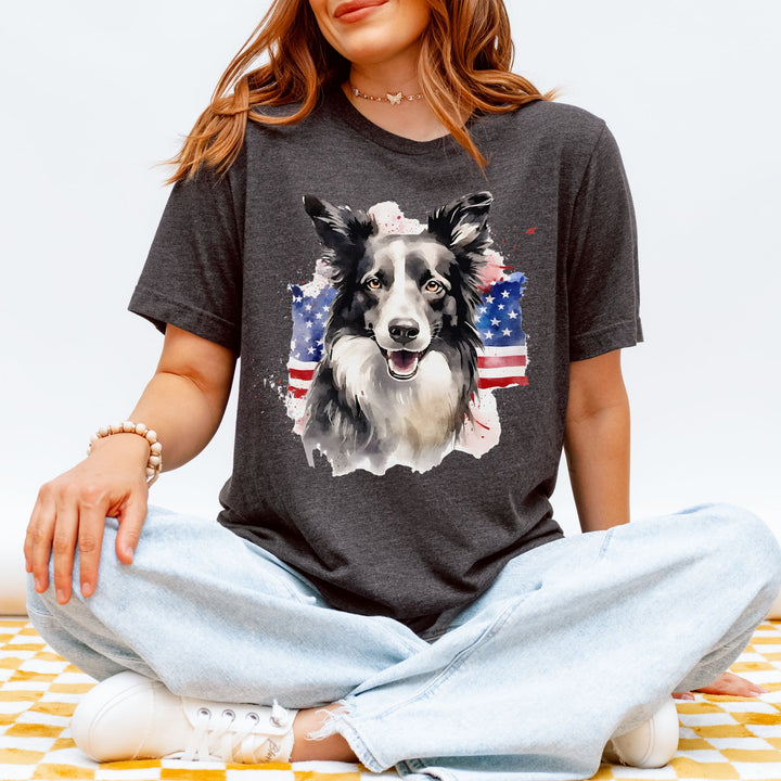 Border Collie Wearing American Flag Shirt T-Shirt | Patriotic Dog Tee - Embellish by Jackie - Handmade Greeting Cards