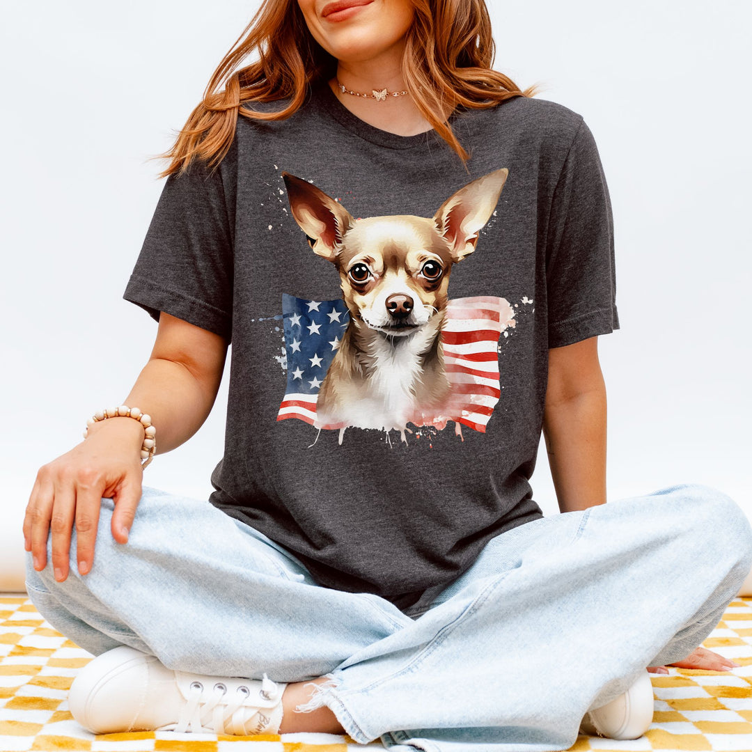 Patriotic Smooth Coat Chihuahua with 4th of July Flag T-Shirt | Brown Dog Tee - Embellish by Jackie - Handmade Greeting Cards