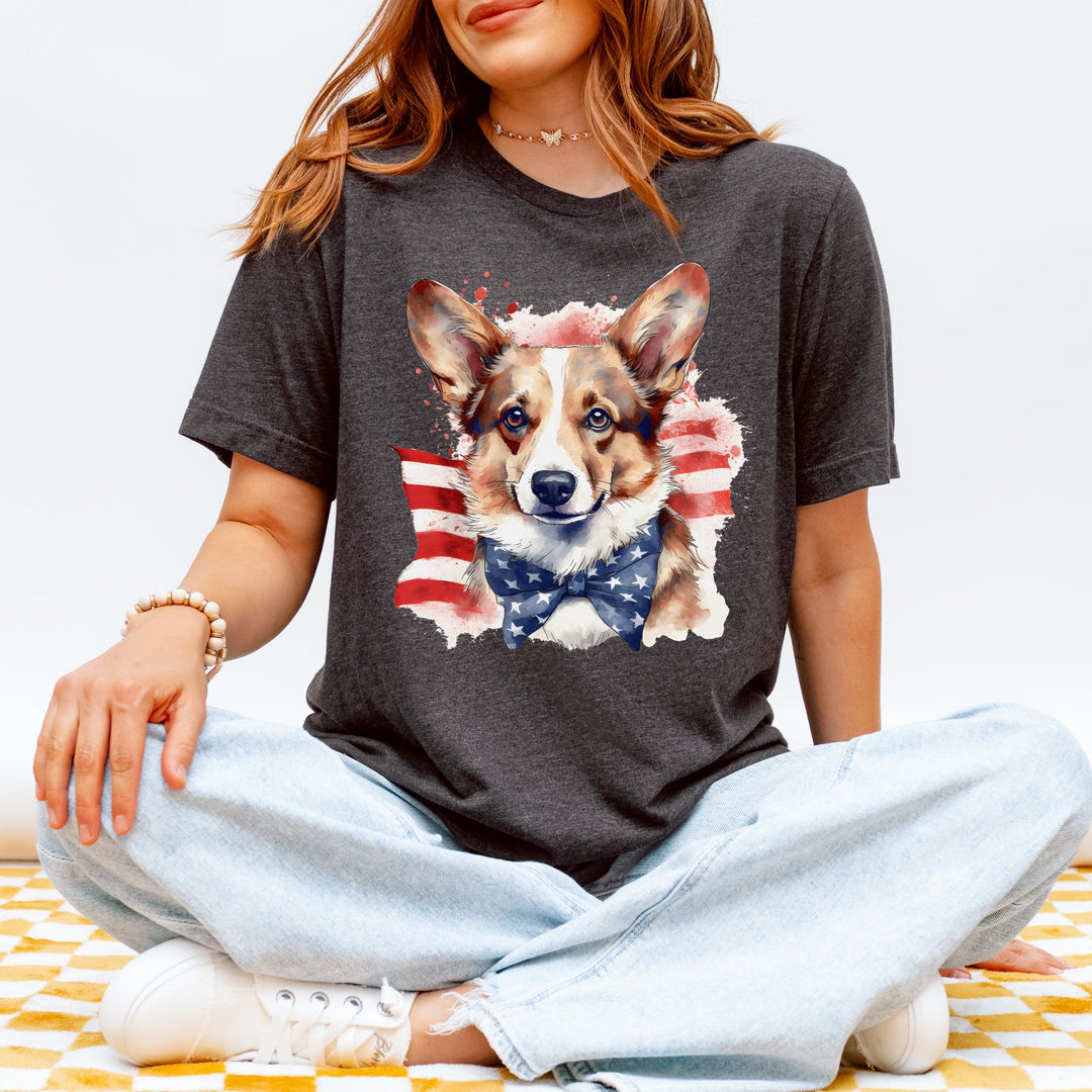 Pembroke Welsh Corgi with American Flag Stars Bowtie T-Shirt | Patriotic Corgi Tee - Embellish by Jackie - Handmade Greeting Cards