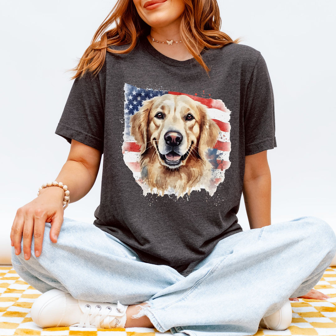 Golden Retriever with American Flag T-Shirt | Patriotic Dog Tee