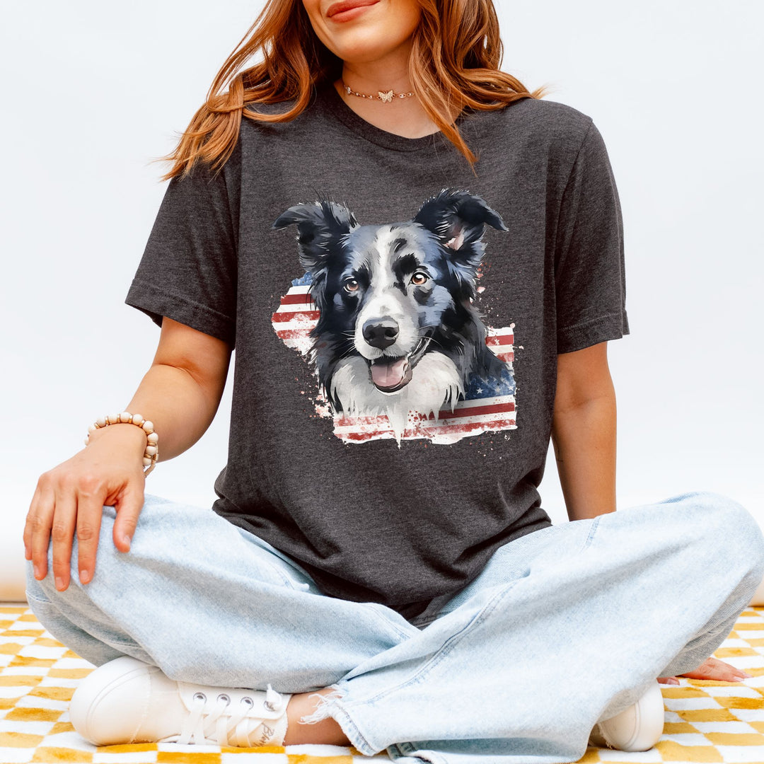 Border Collie with Distressed American Flag T-Shirt | Patriotic Dog Tee - Embellish by Jackie - Handmade Greeting Cards