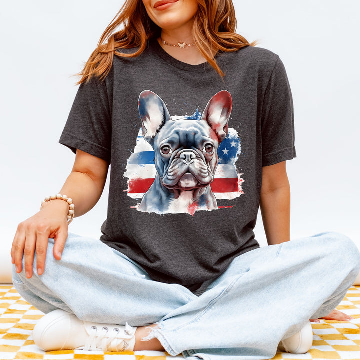 Patriotic French Bulldog T-Shirt | Dark Bulldog with Red White and Blue Design - Embellish by Jackie - Handmade Greeting Cards