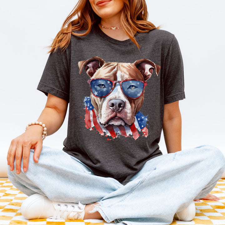 American Pit Bull Terrier with Flag Sunglasses T-Shirt | Patriotic Dog Tee - Embellish by Jackie - Handmade Greeting Cards