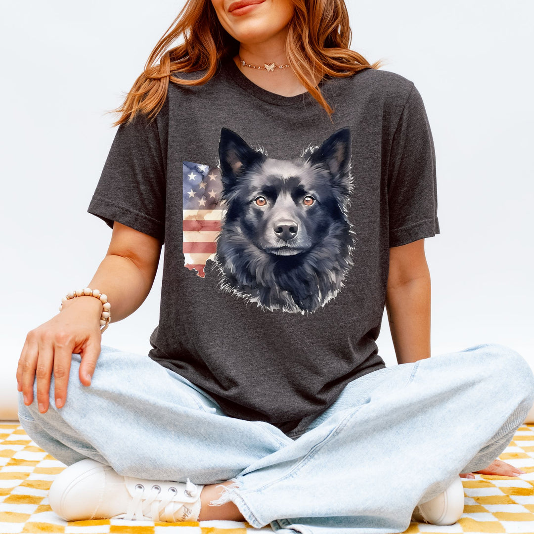 Black Schipperke Dog with Aged American Flag T-Shirt | Patriotic Dog Tee - Embellish by Jackie - Handmade Greeting Cards