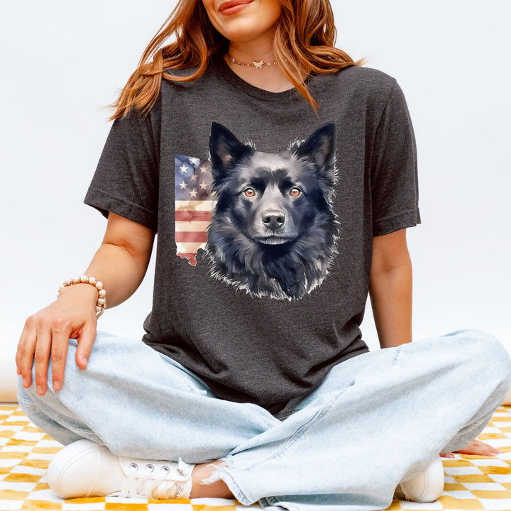 Black Schipperke Dog with Aged American Flag T-Shirt | Patriotic Dog Tee - Embellish by Jackie - Handmade Greeting Cards