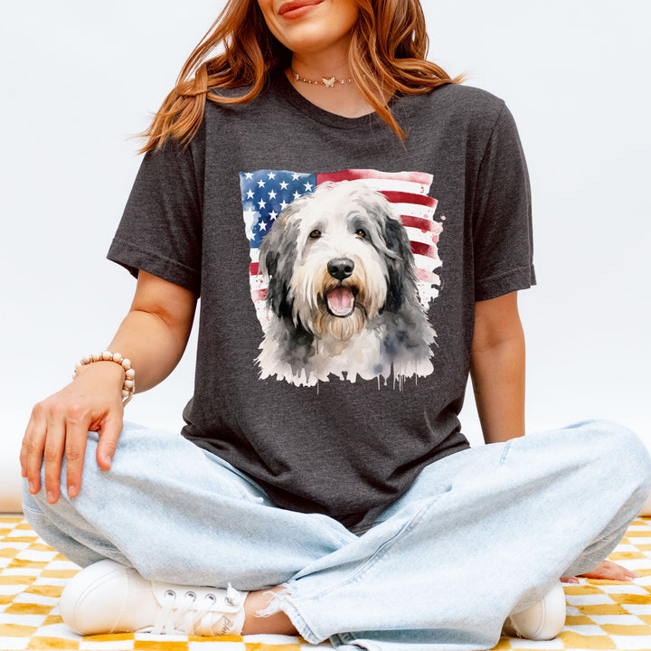 Old English Sheepdog American Flag T-Shirt | Dog Portrait Tee