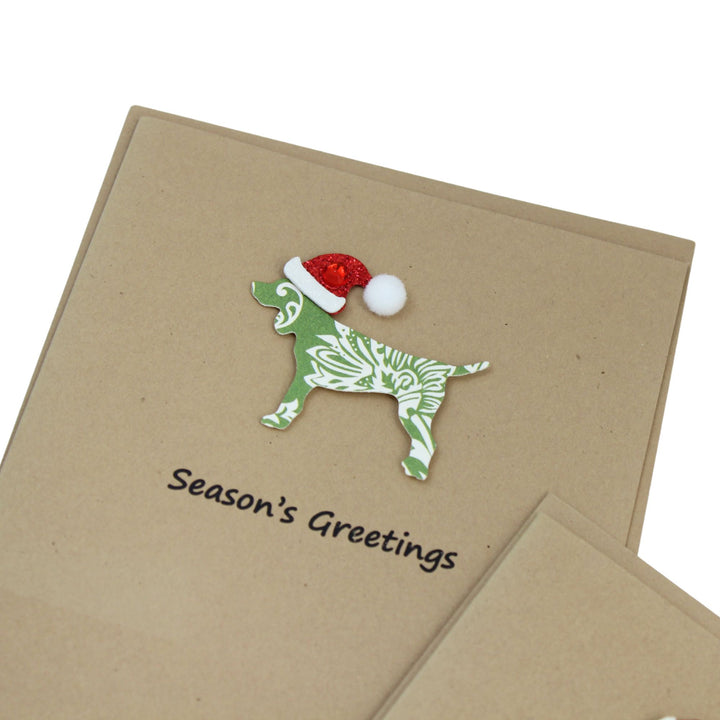 Dog Christmas Cards Single Green Damask Generic Dog with Santa Hat