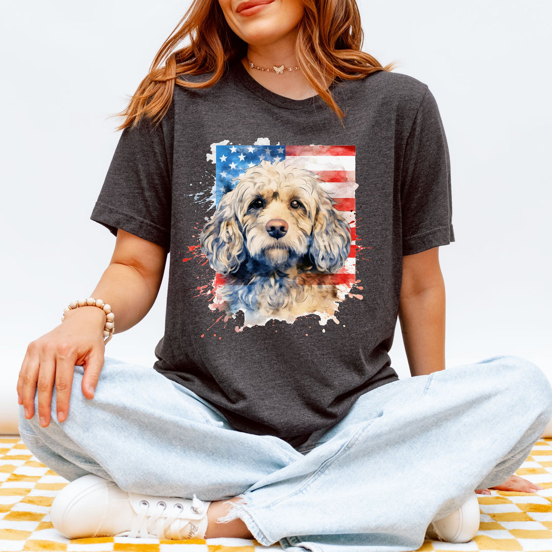 Fawn Cockapoo with American Flag Tee | Patriotic Dog Shirt - Embellish by Jackie - Handmade Greeting Cards