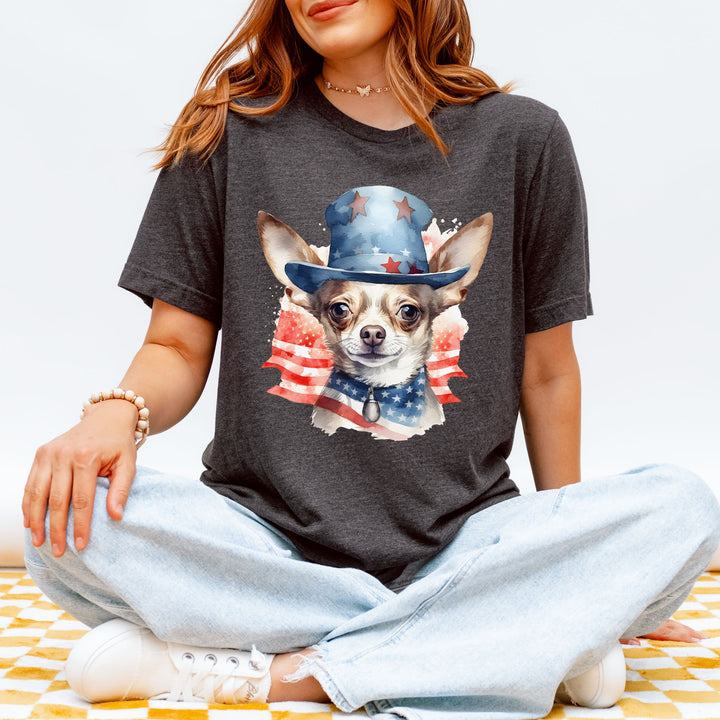 Patriotic Smooth Coat Chihuahua with American Flag Top Hat T-Shirt | Fourth of July Tee - Embellish by Jackie - Handmade Greeting Cards