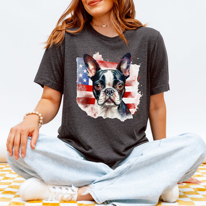 Boston Terrier over Distressed American Flag Tee | Patriotic Dog Shirt - Embellish by Jackie - Handmade Greeting Cards