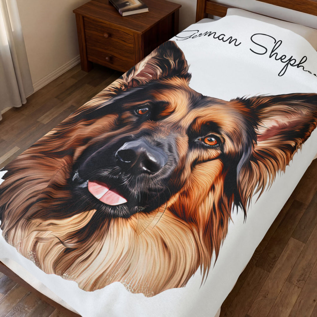 German Shepherd Dog Face Velveteen Plush Blanket | Cozy Pet Portrait Throw - Embellish by Jackie - Handmade Greeting Cards