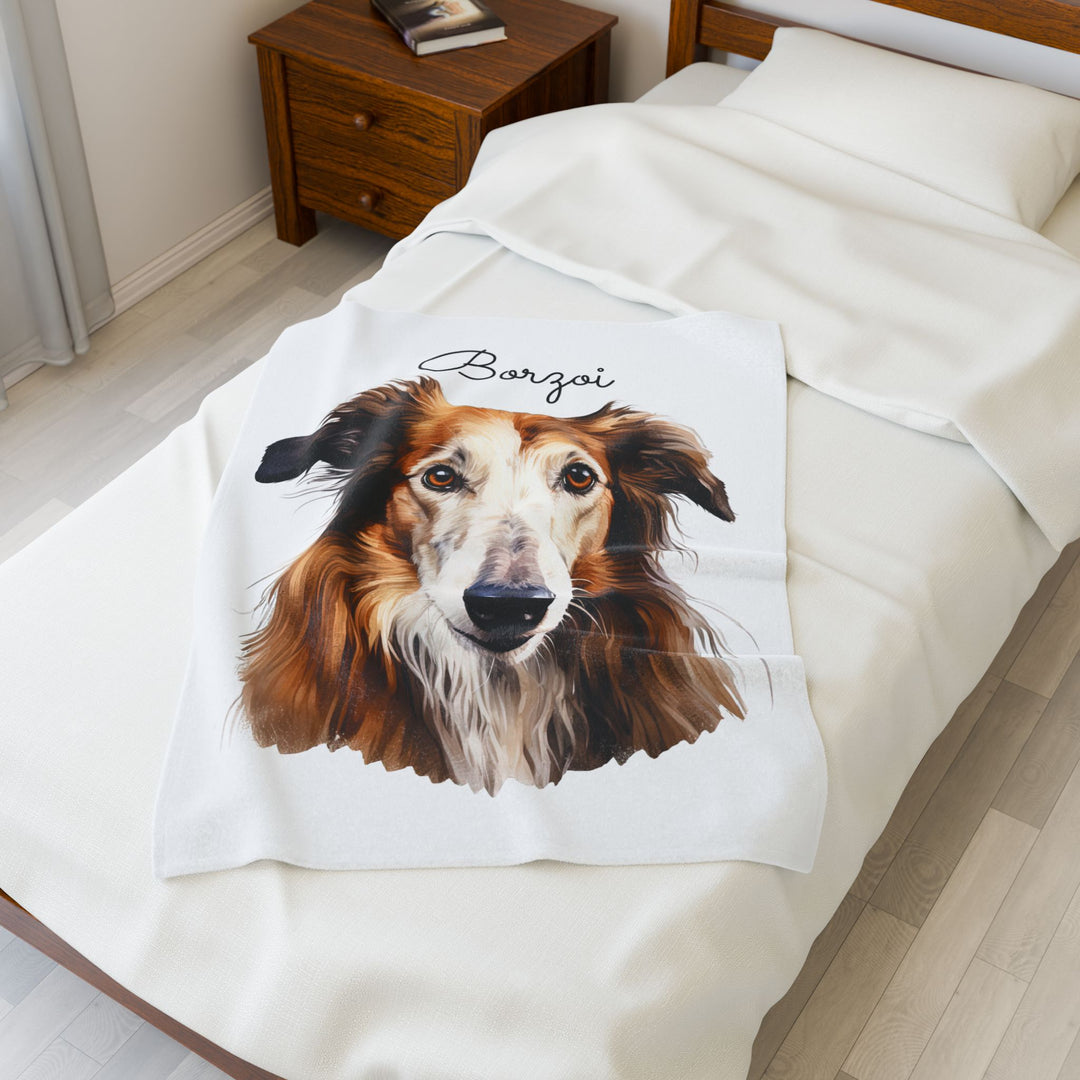 Borzoi Velveteen Plush Blanket with White Background - 3 Sizes available cozy throw dog lover - Pet mom gift