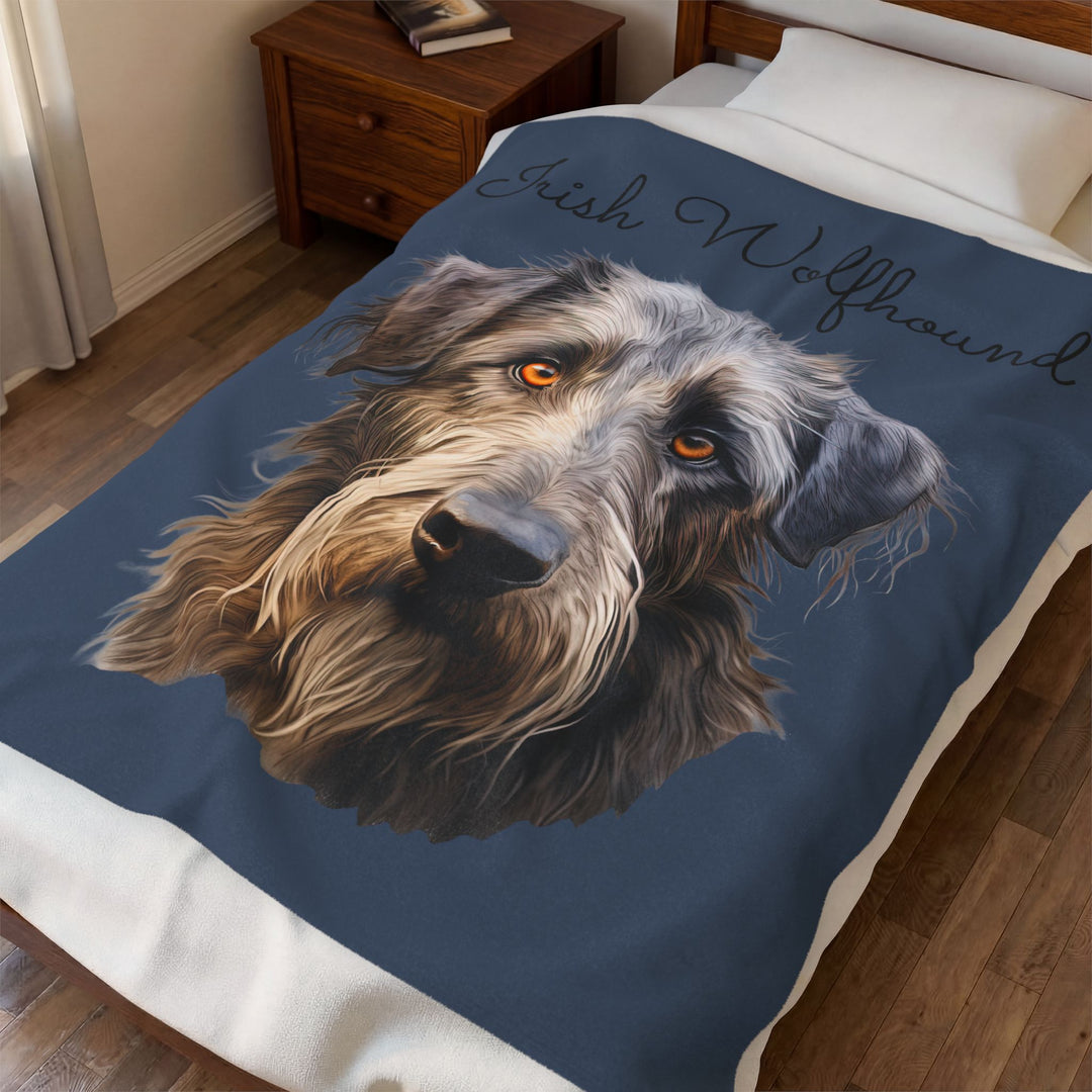 Irish Wolfhound Portrait Velveteen Plush Blanket | Gray Blue Background