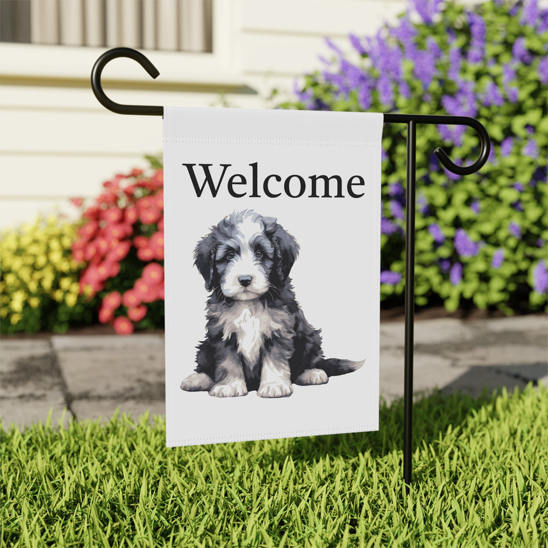 Sheepie Puppy - Garden Banner Flag - Cute Watercolor Dog themed - Sheepadoodle Old English Sheepdog