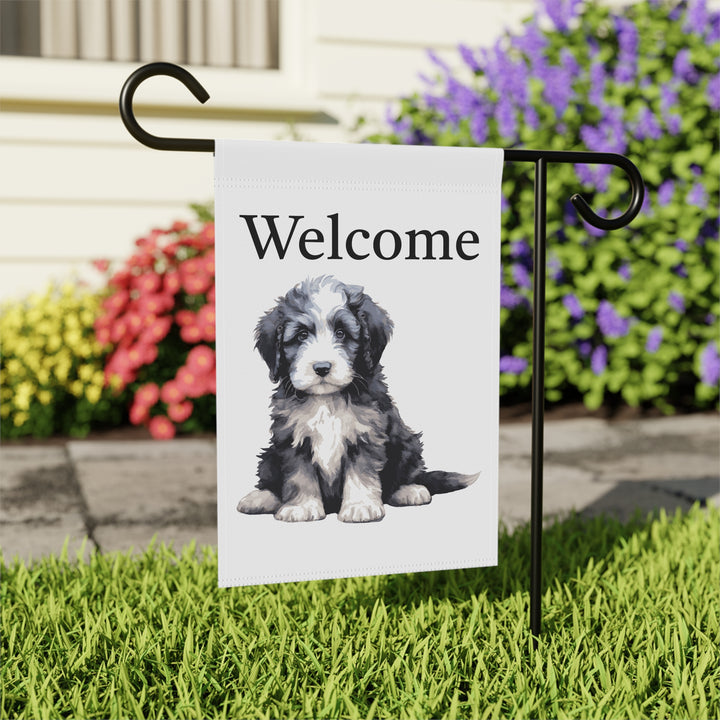 Sheepie Puppy - Garden Banner Flag - Cute Watercolor Dog themed - Sheepadoodle Old English Sheepdog