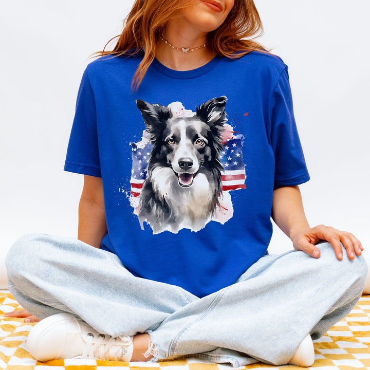 Border Collie Wearing American Flag Shirt T-Shirt | Patriotic Dog Tee - Embellish by Jackie - Handmade Greeting Cards