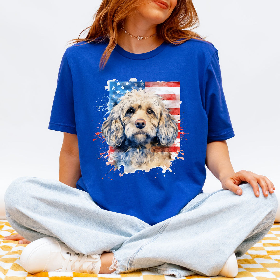 Fawn Cockapoo with American Flag Tee | Patriotic Dog Shirt - Embellish by Jackie - Handmade Greeting Cards