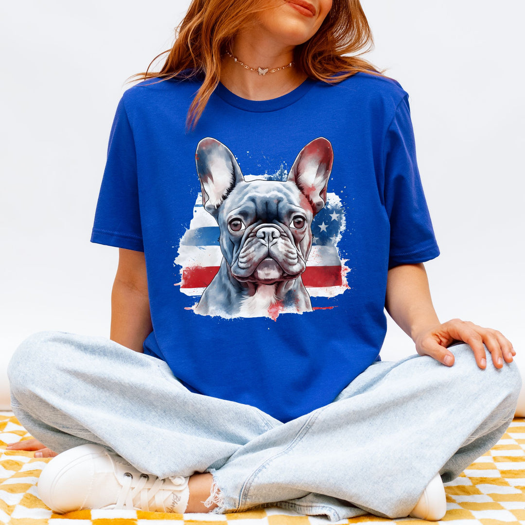 Patriotic French Bulldog T-Shirt | Dark Bulldog with Red White and Blue Design - Embellish by Jackie - Handmade Greeting Cards